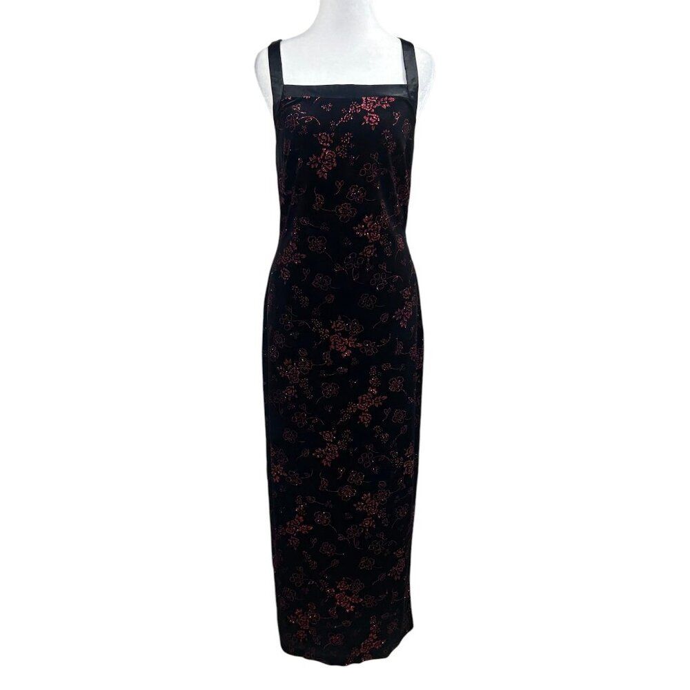 Vintage CDC Wear Glitter Floral Velour Strappy Maxi Dress Square Neck Sz 6 Black